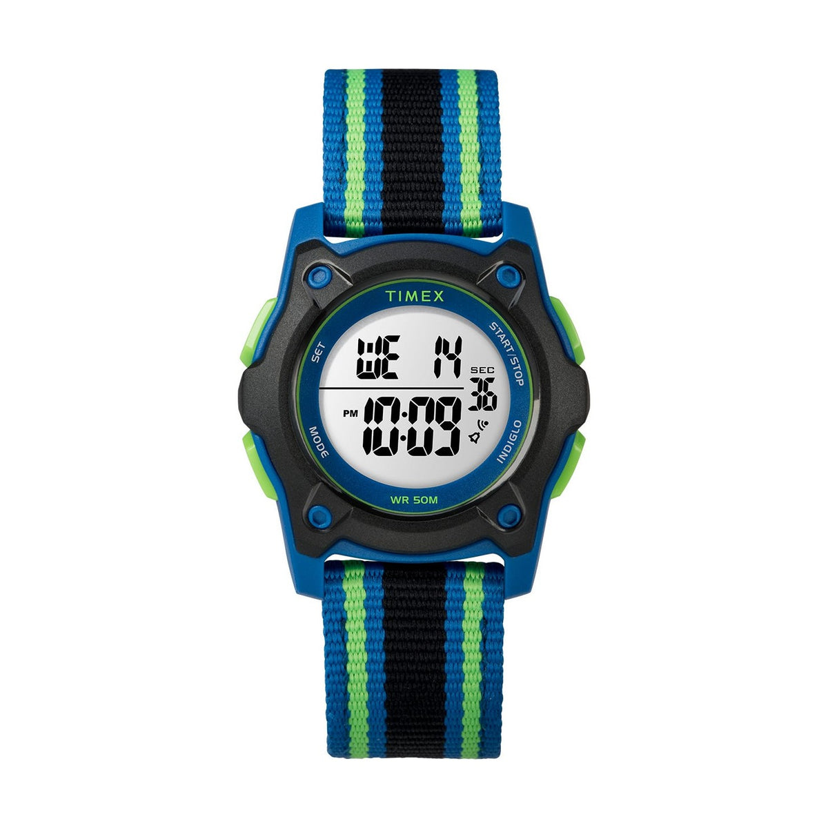 Timex TW7C26000 Youth Digital Blue/Green/Black Striped Nylon Strap Watch