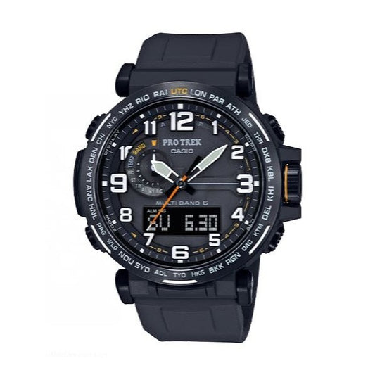 Casio Men's Pro Trek Stainless Steel Quartz Watch with Black Silicone Strap