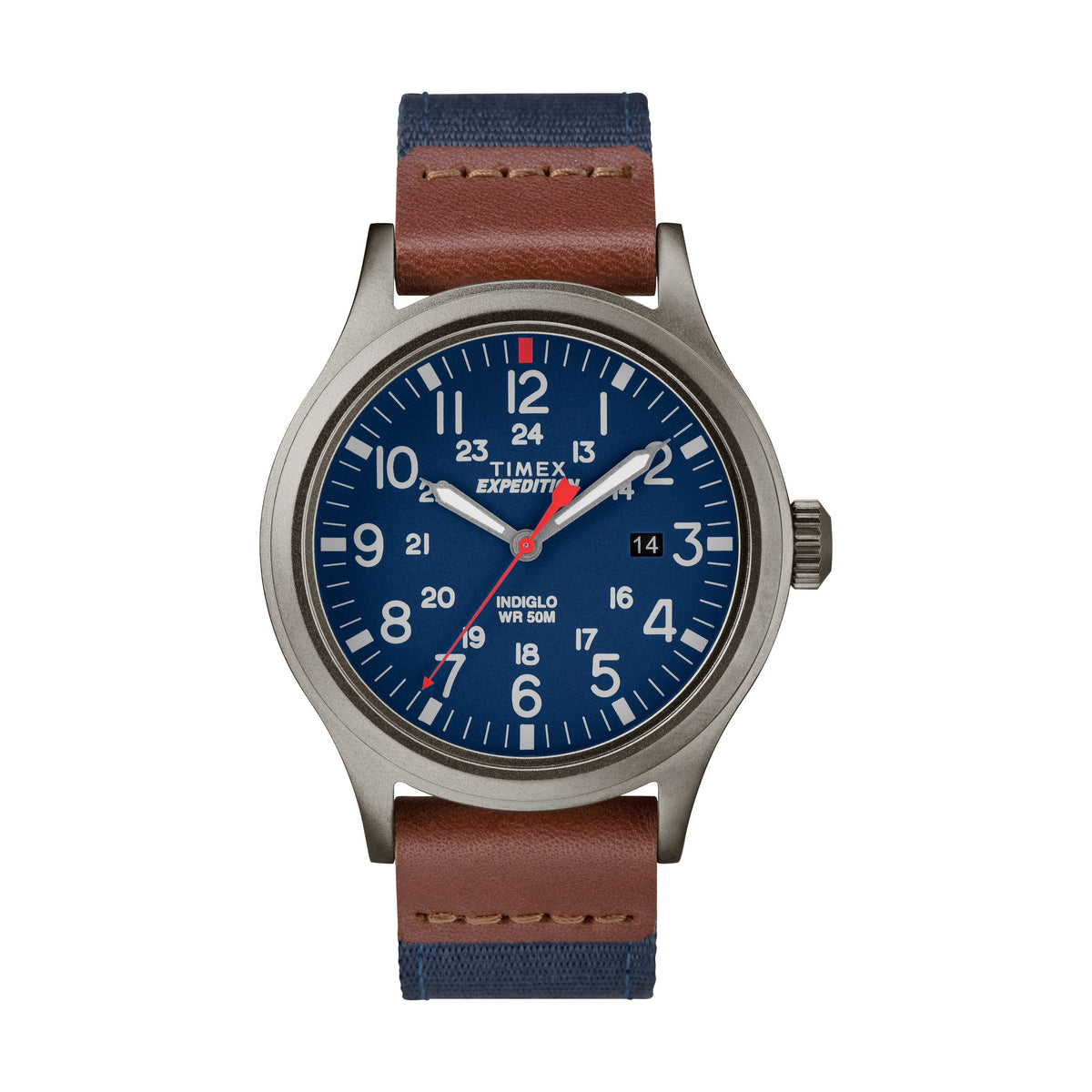 Timex TW4B14100 Men's Expedition   Scout Navy Blue Nylon Strap with Brown Leather Trim Watch
